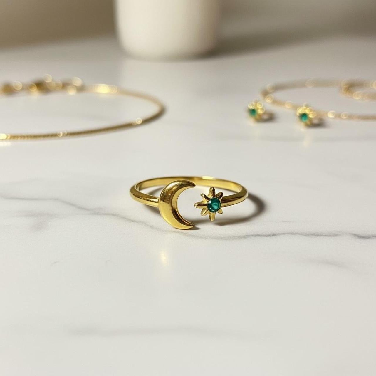 Crescent moon & star ring